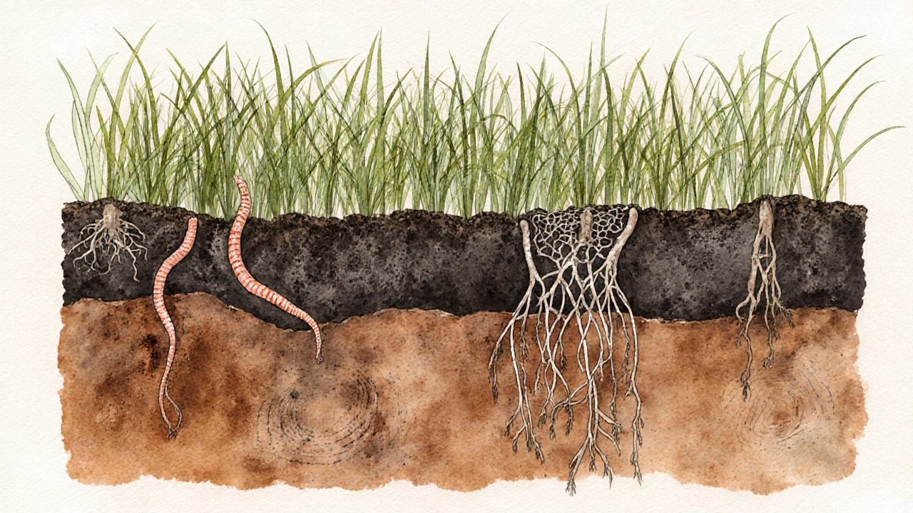 Cross-section of soil showing layers of compacted earth, compost, and growing cover crop with fungal networks.