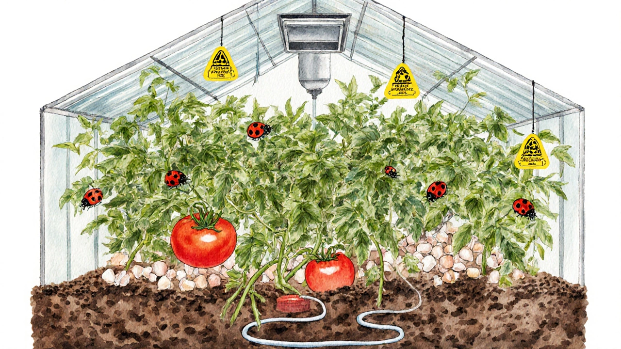 Ecosystem illustration showing tomato and pepper plants with beneficial insects and soil amendments in a greenhouse.