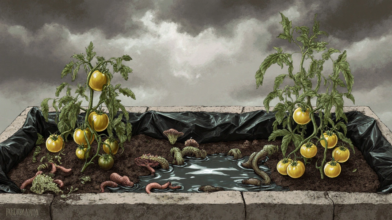 Failed raised bed on concrete with pooled water and wilting plants due to plastic lining.