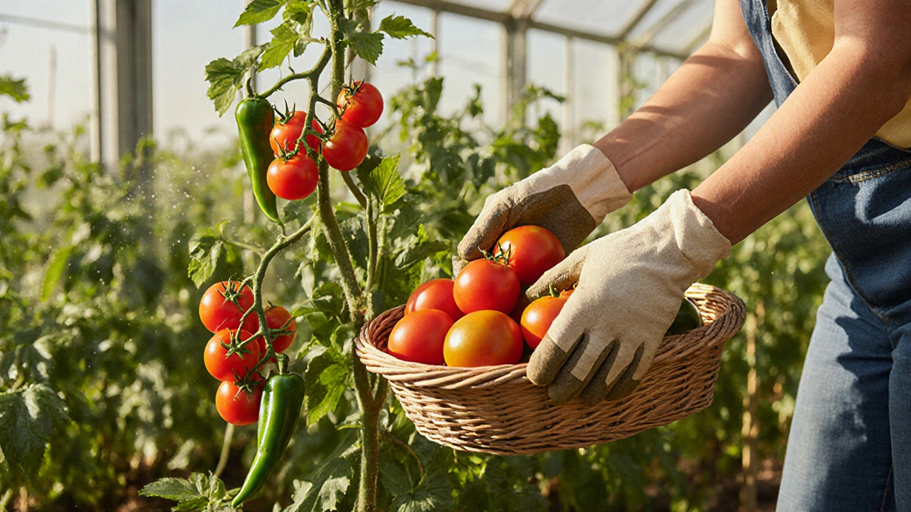 Gardener harvesting ripe tomatoes and green peppers from a well-spaced greenhouse crop in late summer.