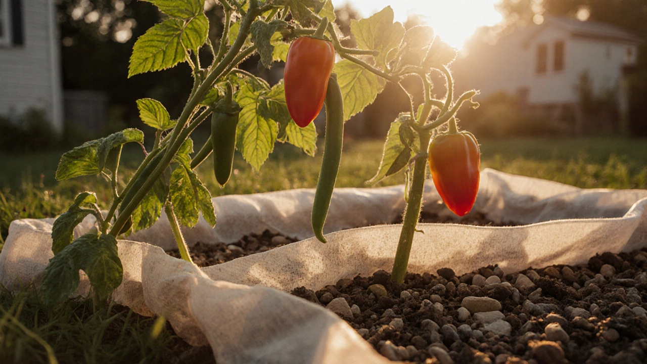 Ideal drainage layer with gravel and fabric under rich soil, thriving beans and peppers in golden light.
