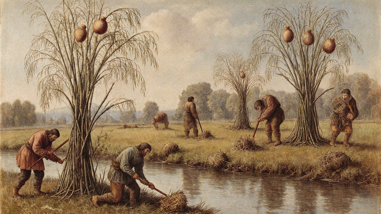 Medieval farmers harvesting wood from pollarded willow trees by a river, with knobby tree heads visible.