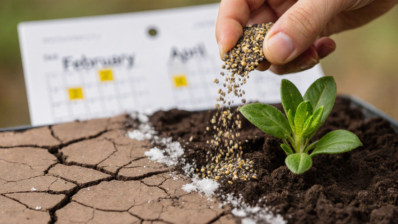 Nutrient-depleted soil with salt crust beside revived plant being fed with organic granules.