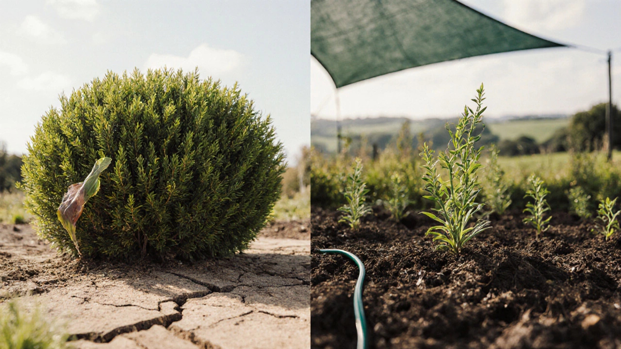Side-by-side comparison of a dying yew and thriving hebe shrub in summer, one dry and one shaded with irrigation.