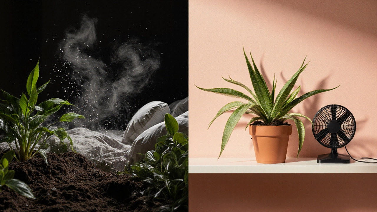 Split bedroom scene: one side has moldy soil affecting sleep, the other shows healthy plants and clean air.