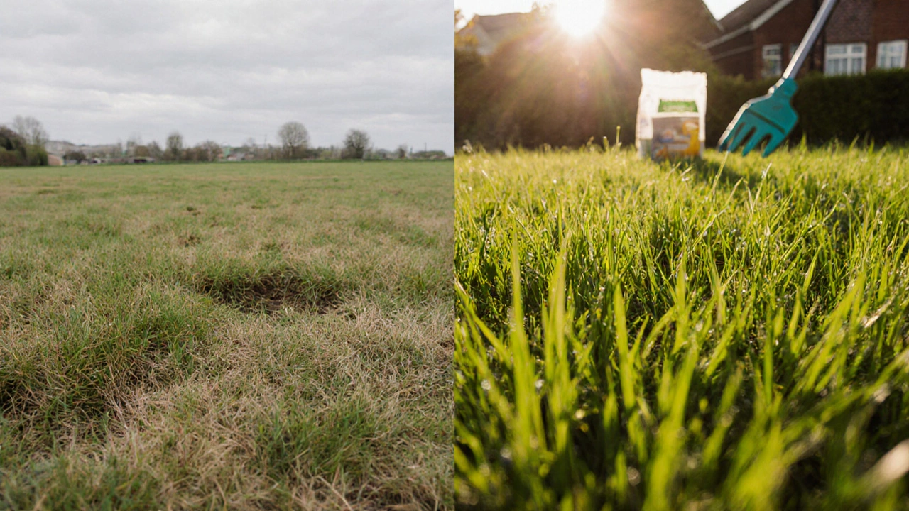 Timeline showing a lawn transforming from bare patches to thick green grass over four weeks.