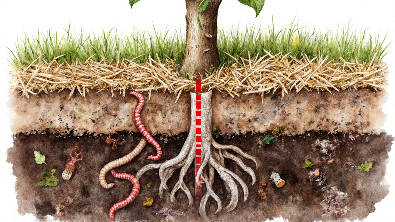 Underground view of earthworms and fungi thriving in mulched soil beneath an apple tree, with clear trunk gap.