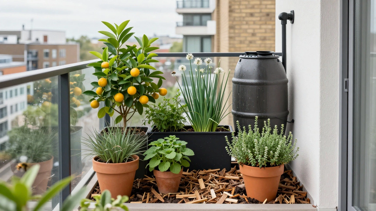 A small urban balcony with permaculture plants, rain barrel, and herbs under soft daylight.