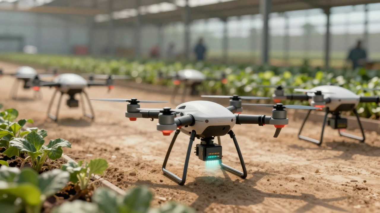 AI drones inspecting crops using pruned neural networks in a sunlit agricultural field.