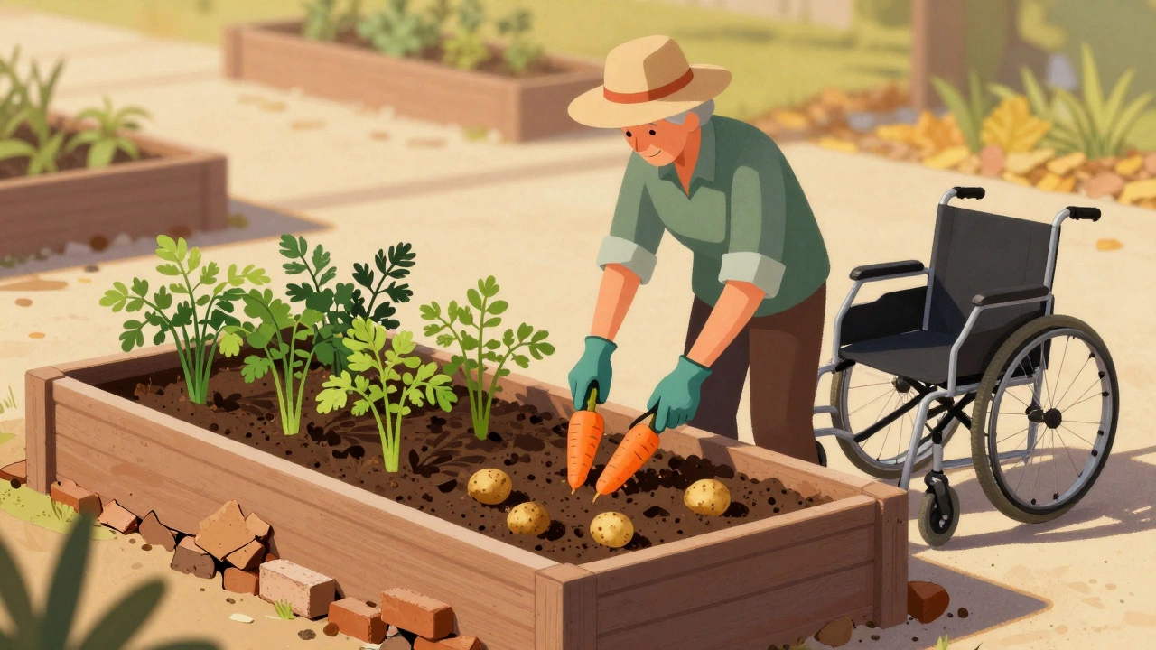 An elderly gardener standing at a 24-inch raised bed tending carrots and potatoes.