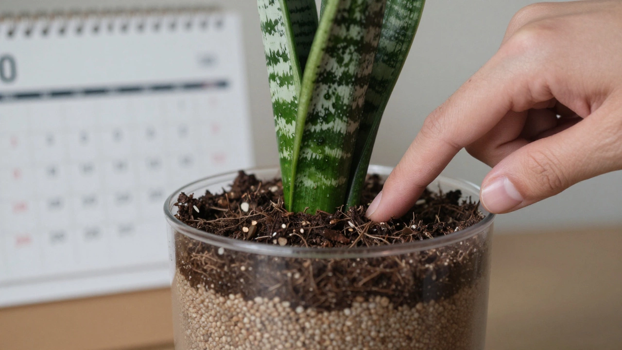 Close-up of a snake plant in a self-watering pot with perlite layer and finger checking soil moisture.