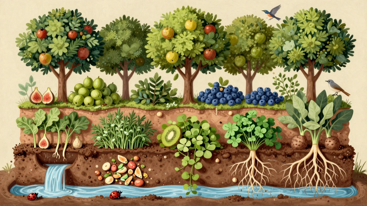 Cross-section of a food forest showing seven plant layers, compost, and wildlife in a natural ecosystem.