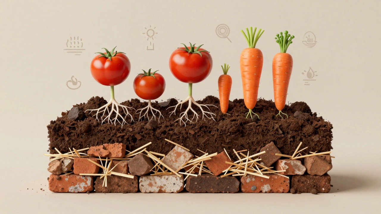 Cross-section of a raised bed showing layers of recycled materials and healthy soil with plant roots.