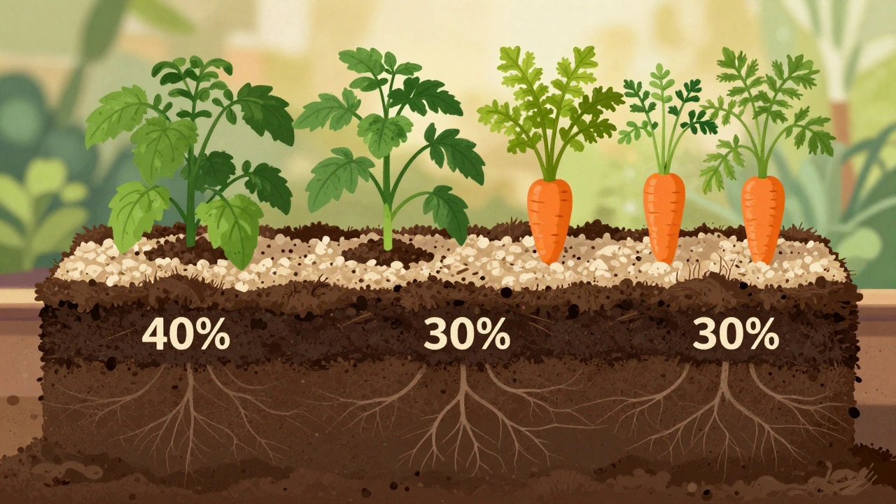 Cross-section of ideal raised bed soil with topsoil, compost, and perlite layers supporting healthy plants.