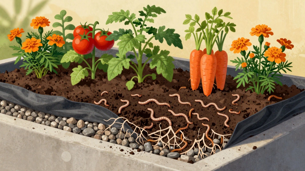 Cross-section of raised bed showing gravel drainage, fabric layer, and layered soil with worms and healthy plant roots.
