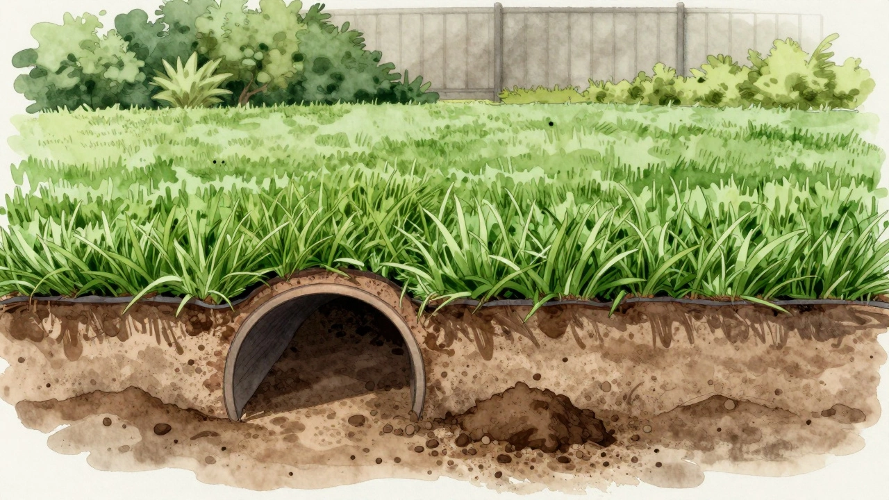Cross-section view of a mole tunnel beneath synthetic turf, displacing soil into the drainage layer.
