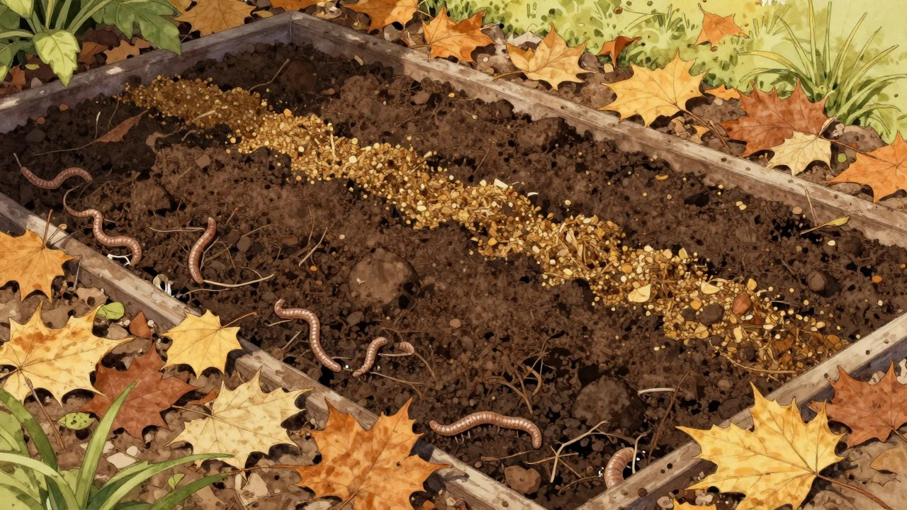 Garden bed layered with compost, worm castings, and leaf mold under soft sunlight.