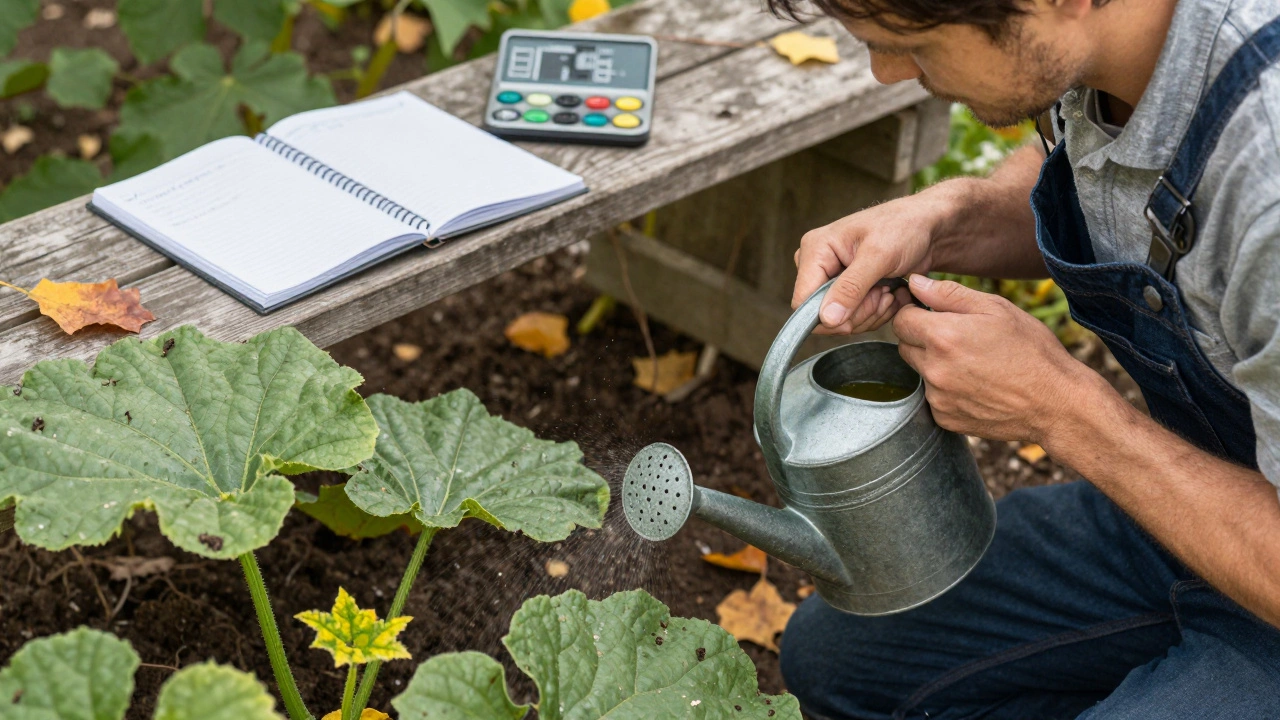 Gardener applying compost tea to zucchini plant with soil test kit nearby in late summer.
