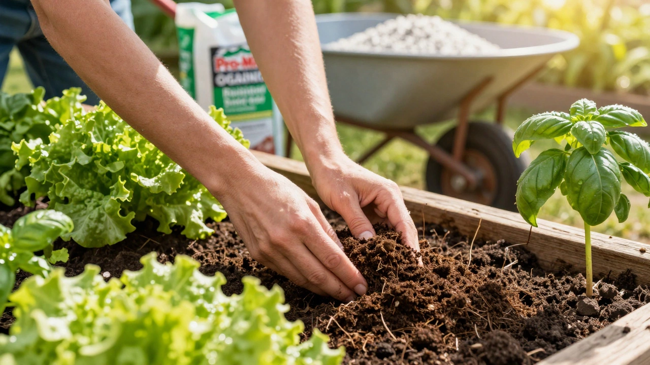 Hands adding compost to a sunlit raised bed with thriving vegetables and organic soil bags in background.