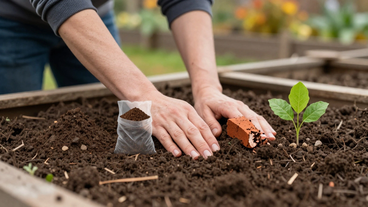 Hands pressing soil in a raised bed, with translucent icons of compost, grit, and plants blending into the earth.