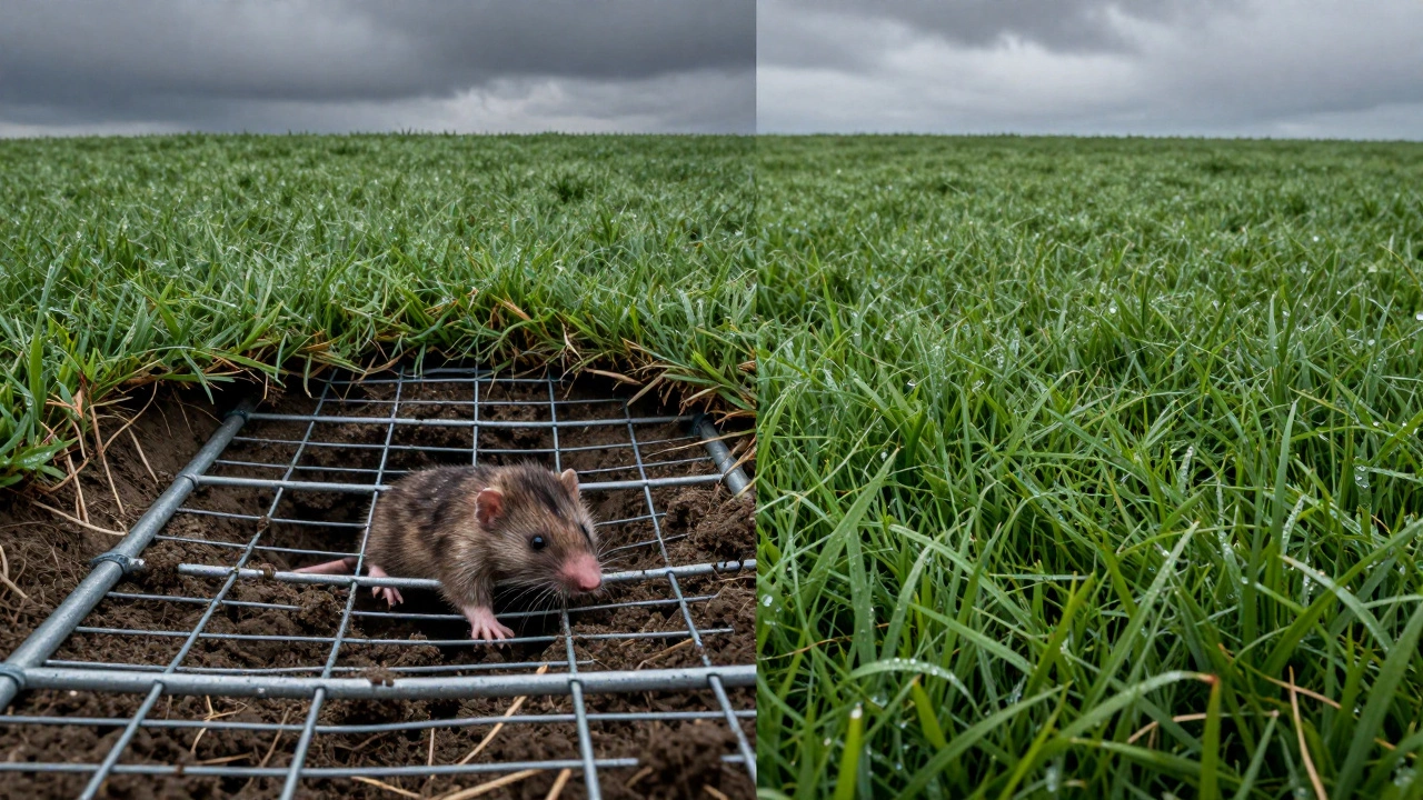 Hardware cloth barrier preventing moles from reaching artificial grass, keeping the surface intact.