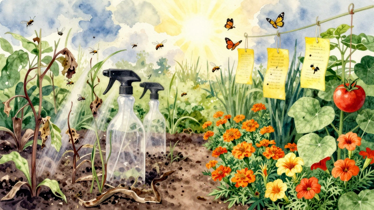 Healthy garden with companion plants and sticky traps versus damaged side with chemicals.