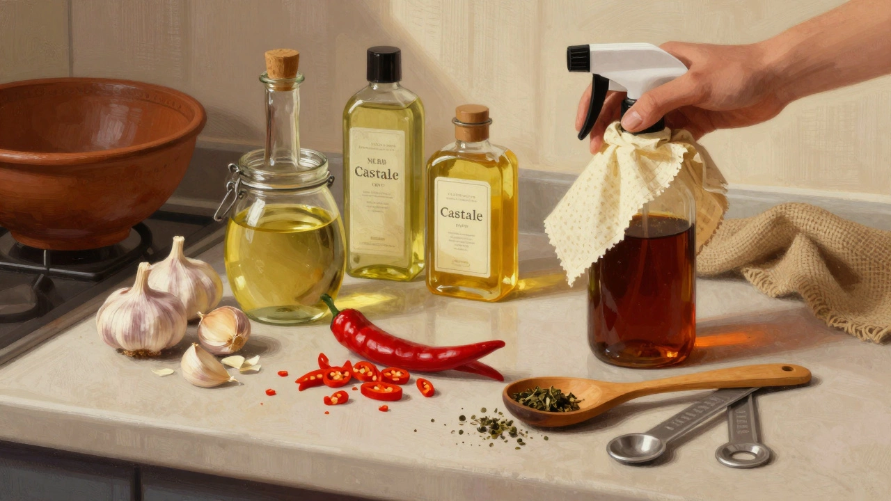 Kitchen counter with garlic, chilies, neem oil, and homemade pesticide being prepared.
