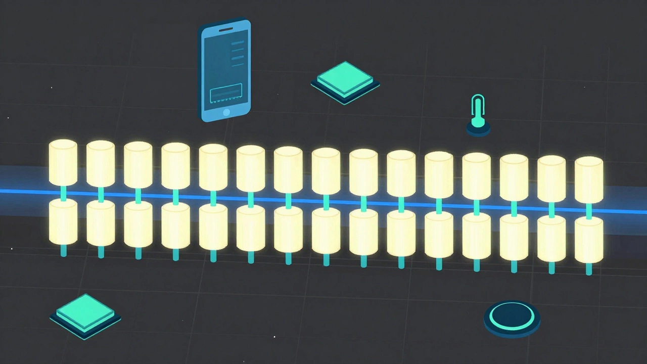 Neural network layers with channels being pruned, shown on a dark grid with device icons.