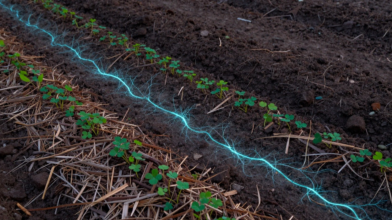 No-till garden with cover crops and hidden microbial activity beneath mulch.