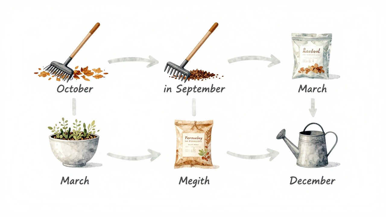 Seasonal lawn care calendar with symbolic seasonal elements in watercolor style