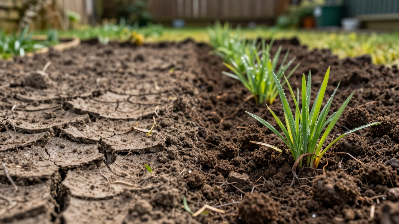 Side-by-side comparison of compacted soil and aerated soil with new grass growth