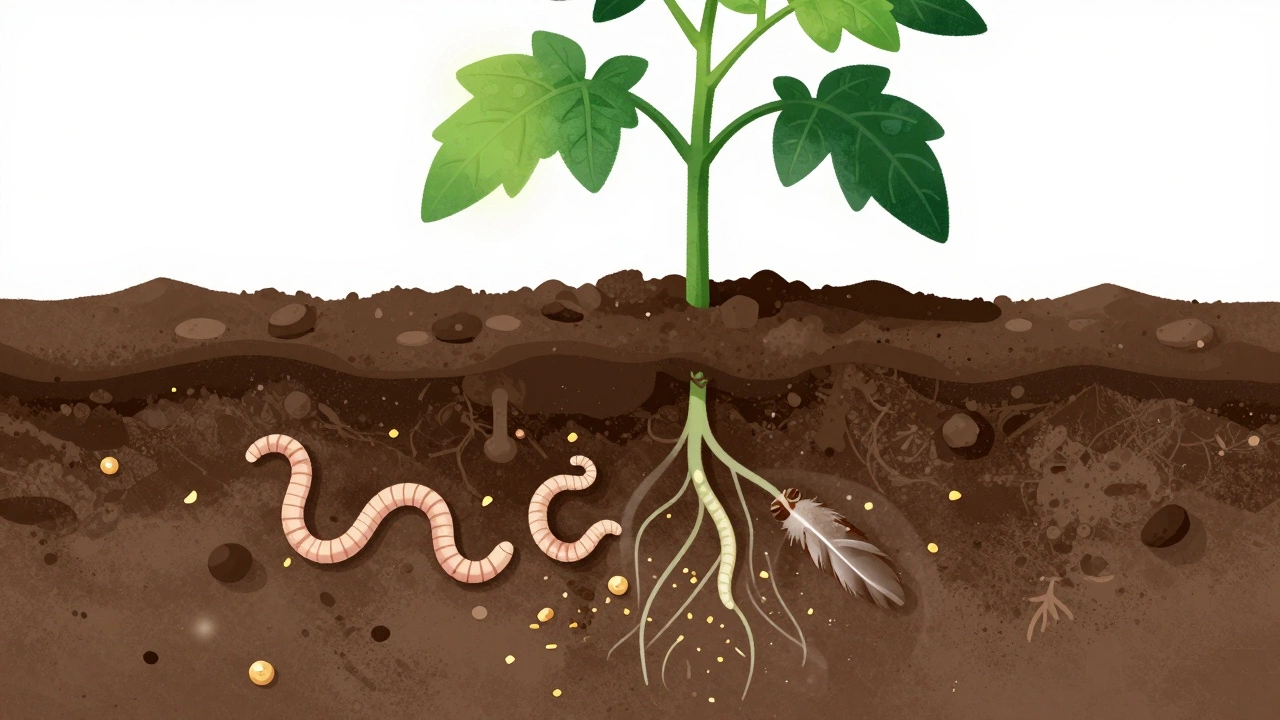 Soil cross-section showing worms and microbes breaking down organic fertilizers feeding plant roots.