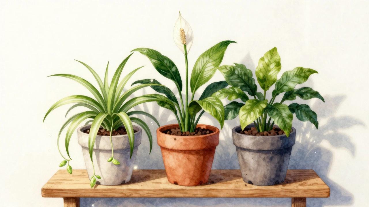 Three self-watering pots with spider plant, peace lily, and ZZ plant under soft natural light.