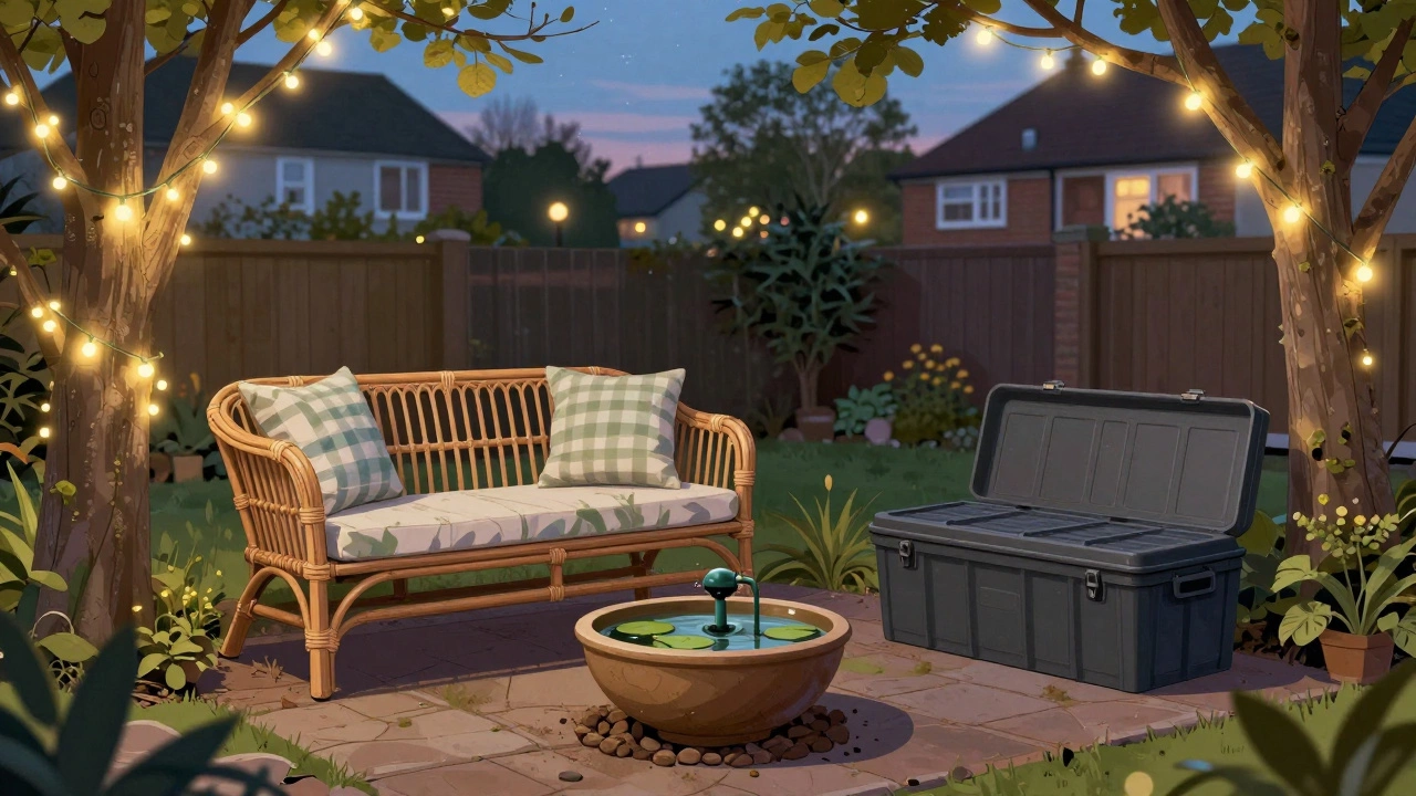 A rattan bench with cushions, string lights, and a water feature in a small UK backyard at twilight.
