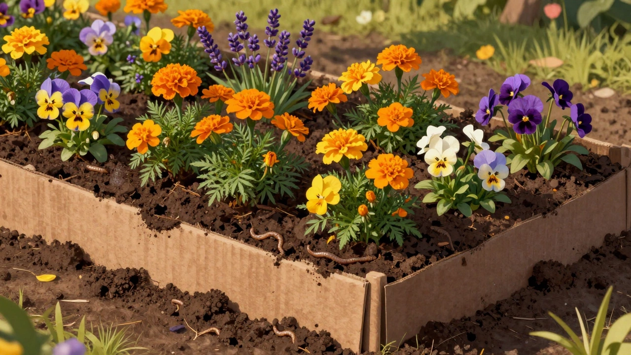 A vibrant flower bed with compost, marigolds, and lavender, earthworms visible below.