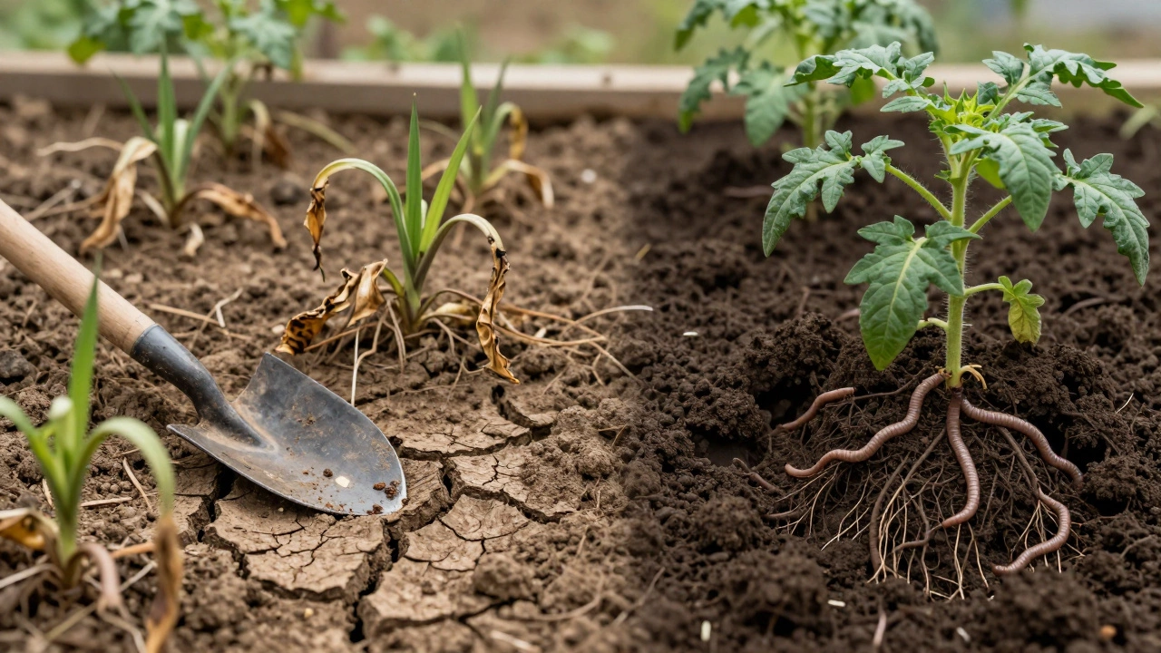 Before-and-after soil cross-section: cracked clay vs. loose, healthy soil with thriving plants and earthworms.
