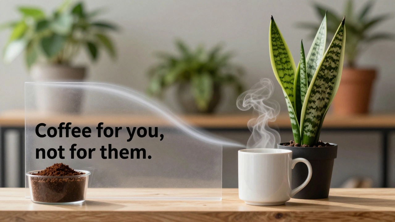 Coffee mug beside a snake plant with light barrier separating them, compost bin visible behind, symbolizing safe use.