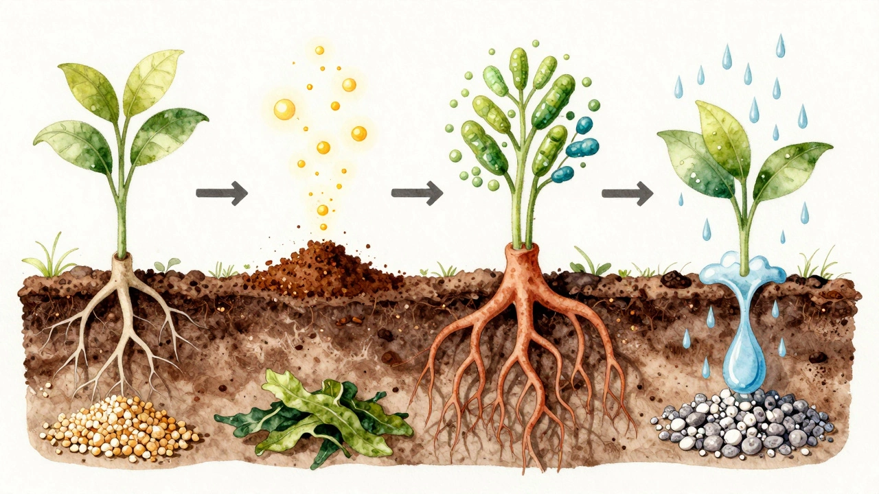 Conceptual watercolor of soil nutrient cycle with roots and microbes.