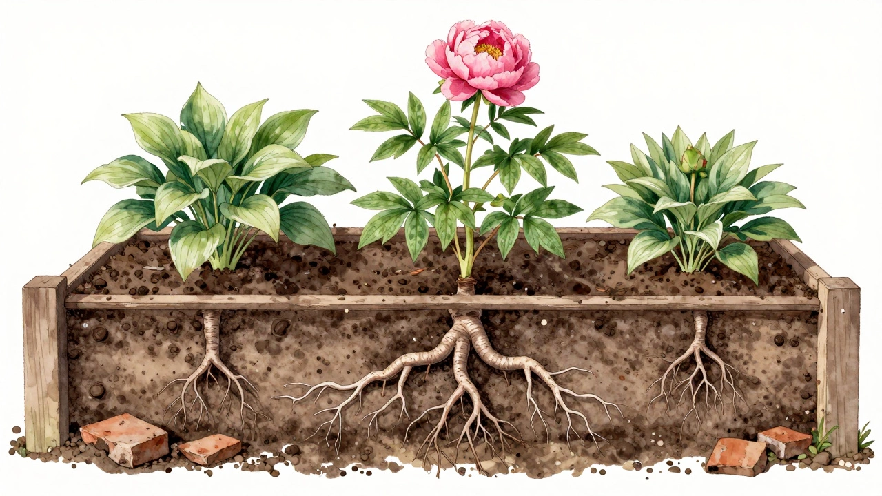 Deep 24-inch raised bed with peonies and hostas, roots spreading through layered soil in watercolor style.