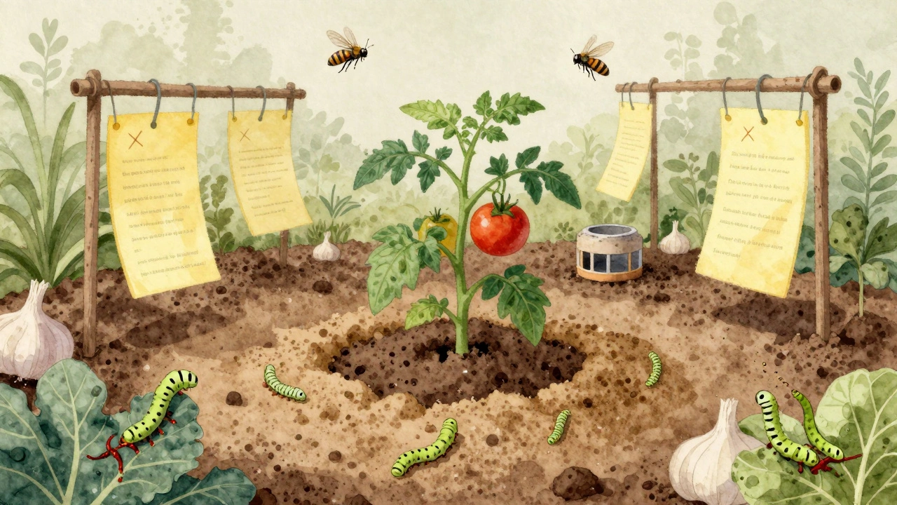 Garden ecosystem with diatomaceous earth, sticky traps, and beer trap protecting vegetables from pests.