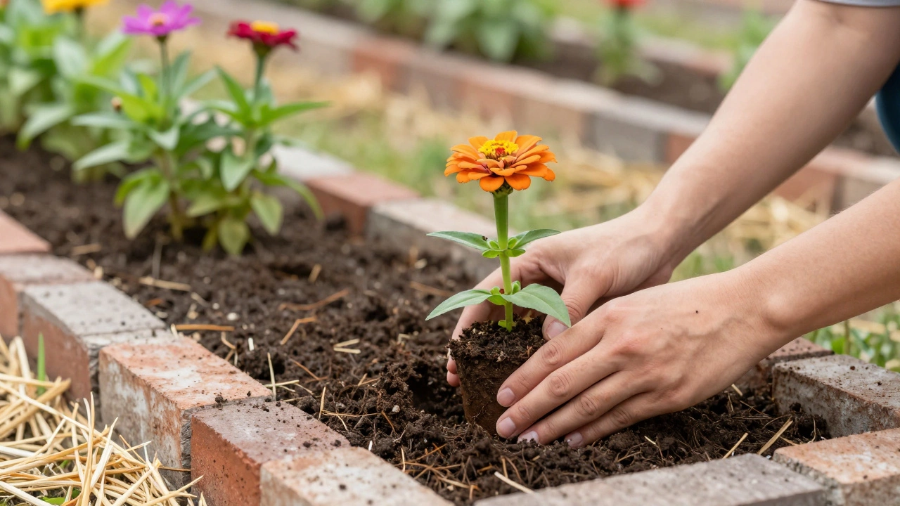 Hands planting a zinnia in compost, with brick-edged bed and straw mulch in background.