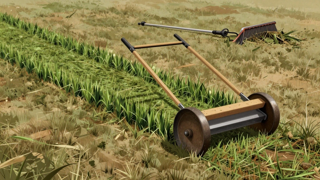 High-wheel reel mower cutting a trimmed lawn cleanly under midday sun, grass standing upright.