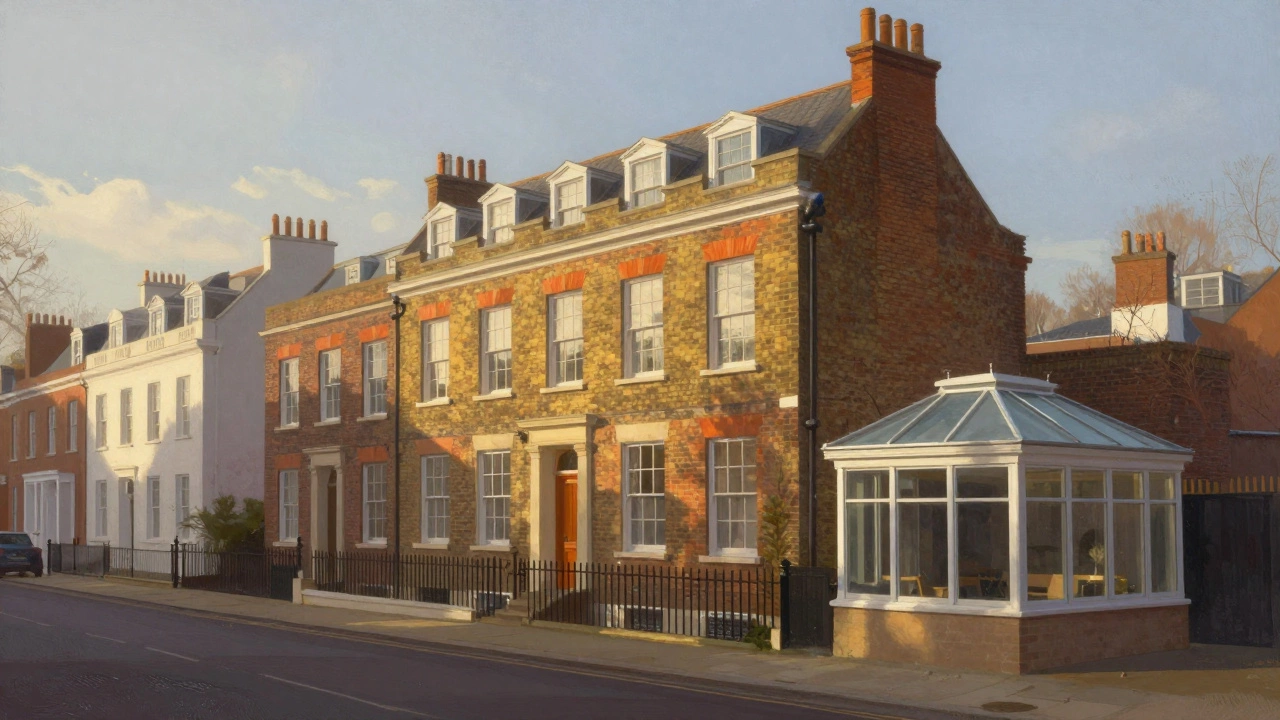Historic Brighton home with architecturally matched orangery, contrasting with a modern conservatory in background.
