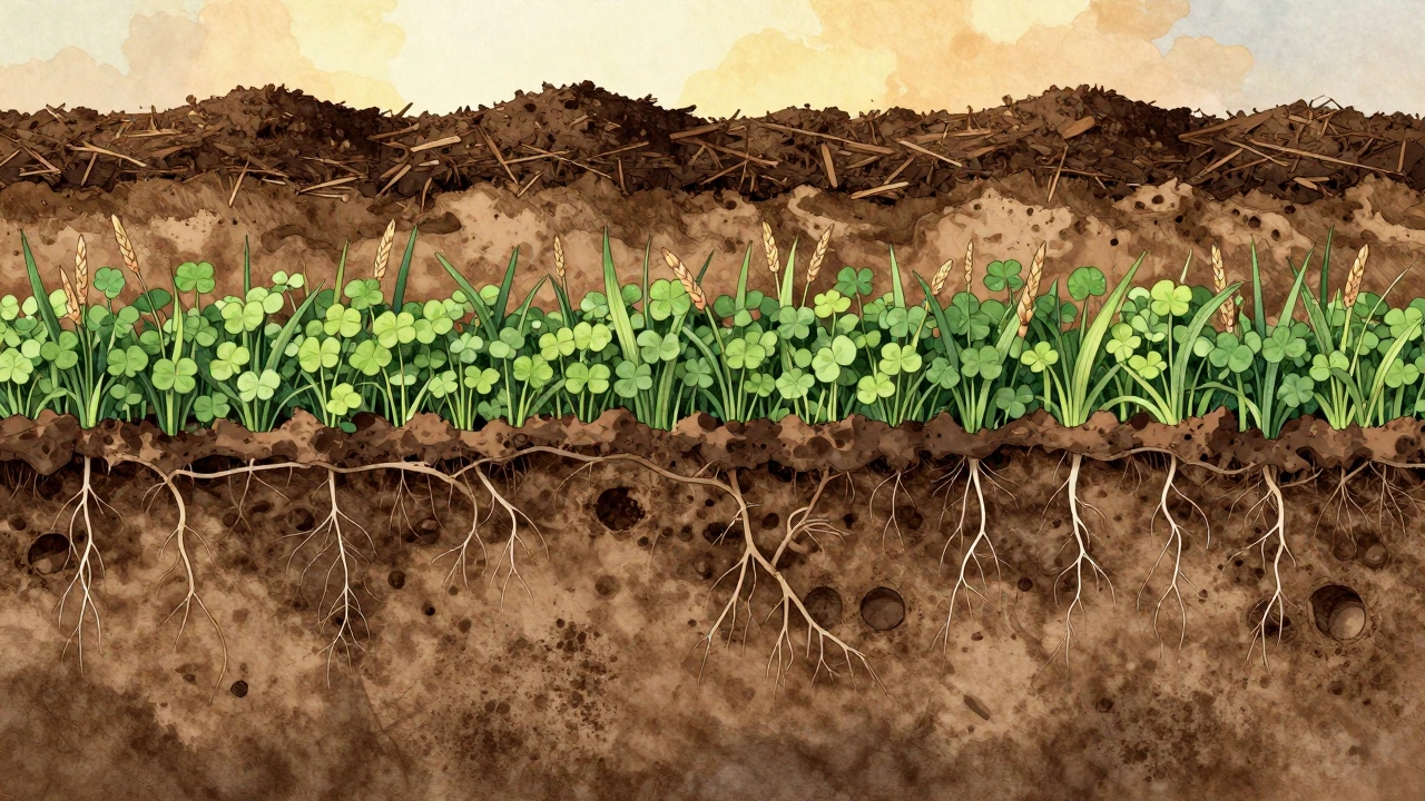Layered soil regeneration showing compost, cover crop roots, and fungal networks restoring life to compacted earth.