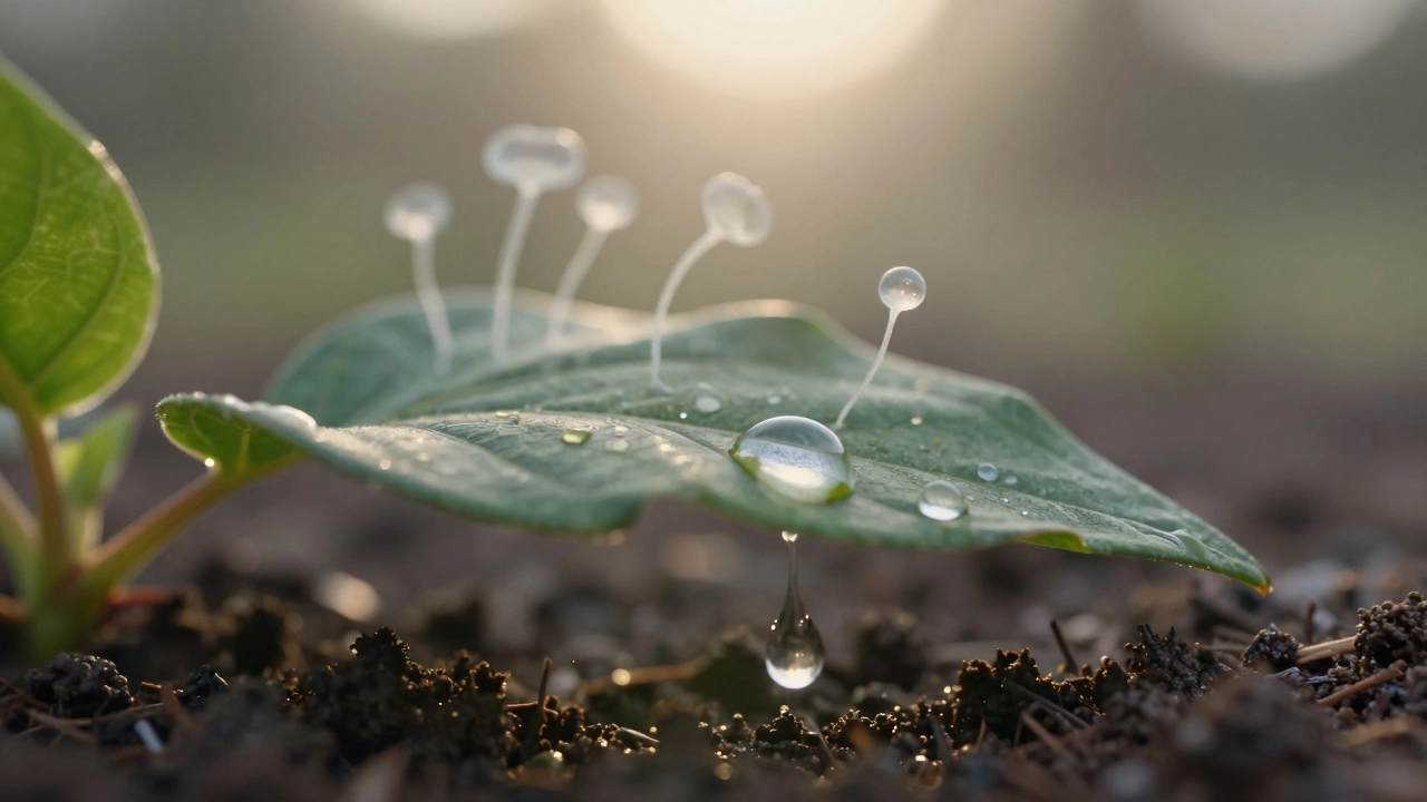 Macro view of plant stomata opening as water seeps into soil, with fading fungal spores in the background.