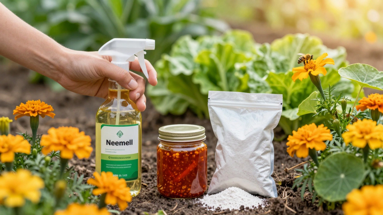 Natural pest control remedies beside healthy garden plants with pollinators flying nearby.