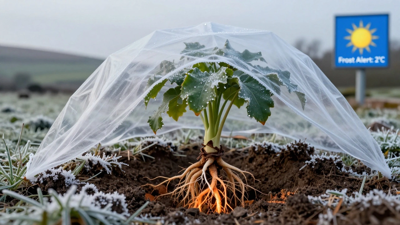 Perennial plant breaking through frost-covered soil with protective fleece above.
