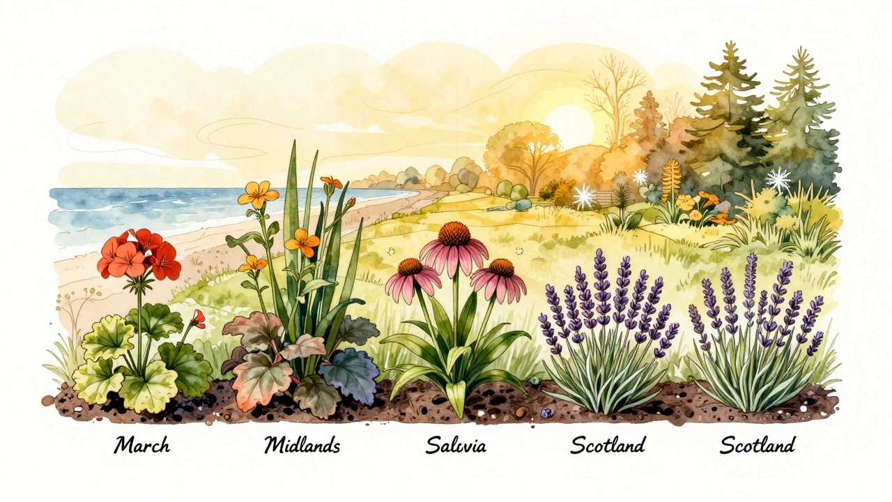 Regional planting timeline for UK perennials shown with symbolic plants emerging at different times.