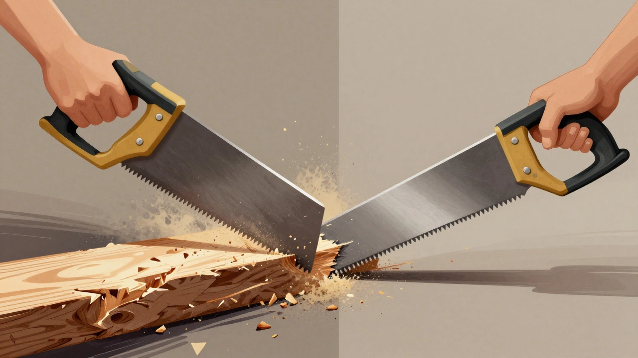 Side-by-side comparison of Western push saw vs Japanese pull saw cutting wood.