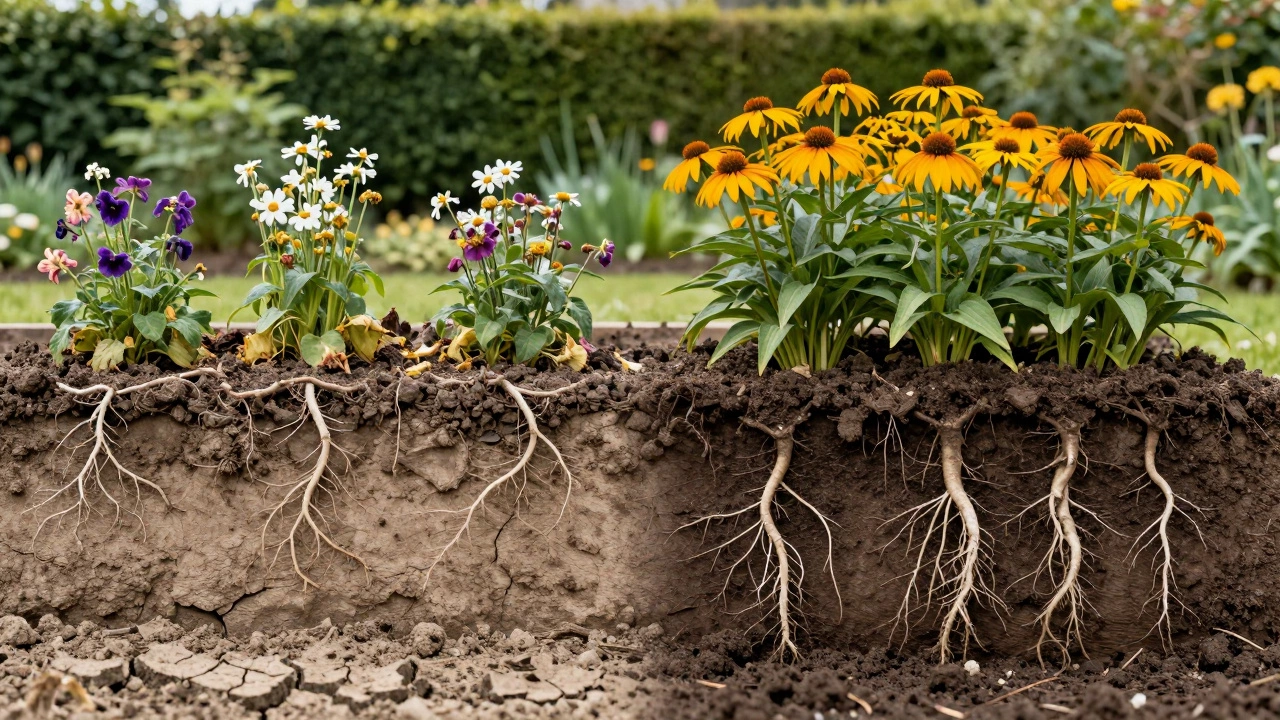 Side-by-side comparison: shallow bed with curled roots vs deep bed with downward-growing roots in a UK garden.